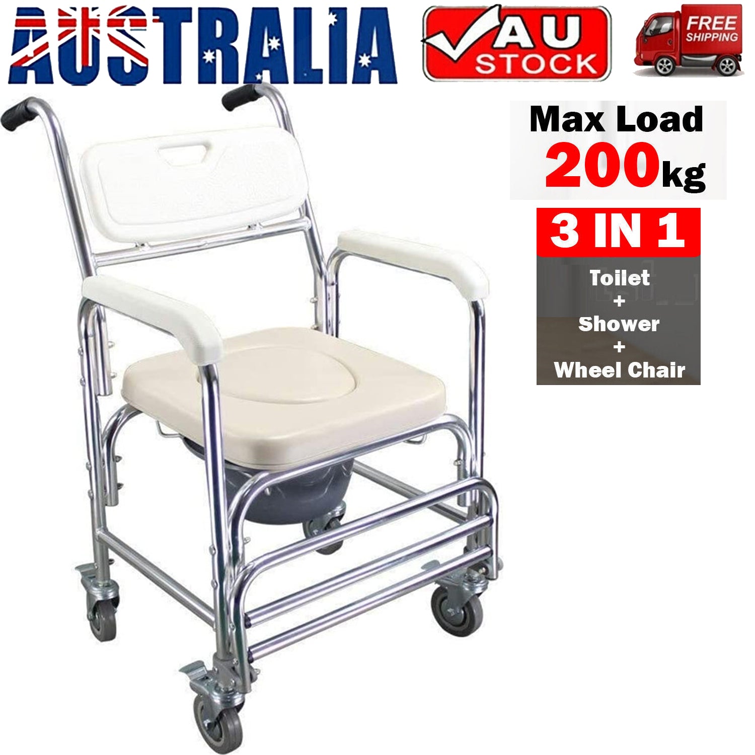 Mobile Shower Toilet Commode Chair Bathroom Aluminum Bedside Footrest