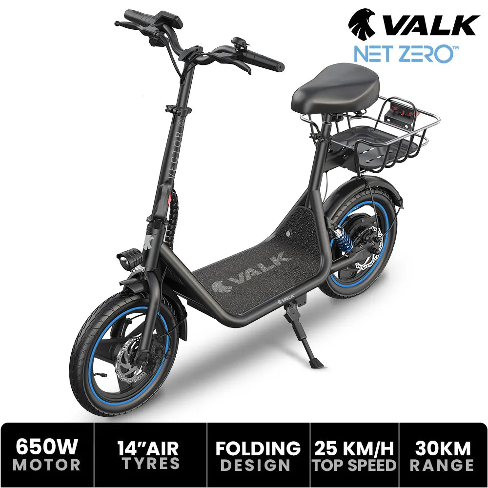 VALK Electric Scooter with Seat, 30km Range, Disc brakes, 14" Tyres, Motorised eScooter for Adults Teens Commuter