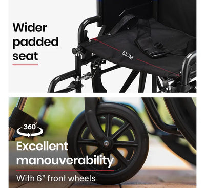 Folding Wheelchair, XL 51cm Wide Seat, 24 Inch Wheels, 136kg Capacity, Park Brakes, Black