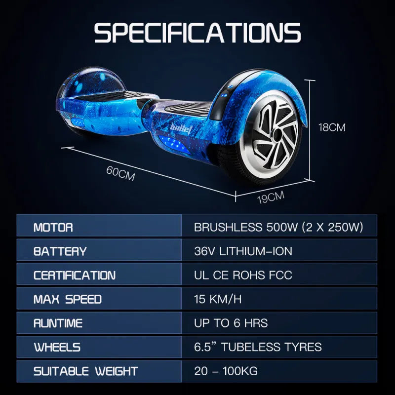 BULLET Gen III Hoverboard Scooter 6.5" Wheels, Colour LED Lighting, Carry Bag