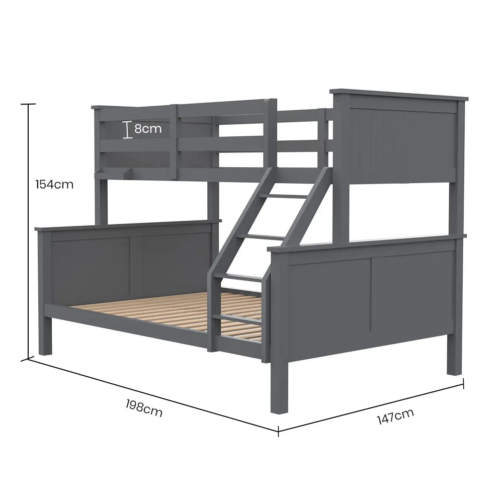 SLUMBER Triple Wooden Single Over Double Bunk Bed Frame for Kids, Convertible Design, Grey