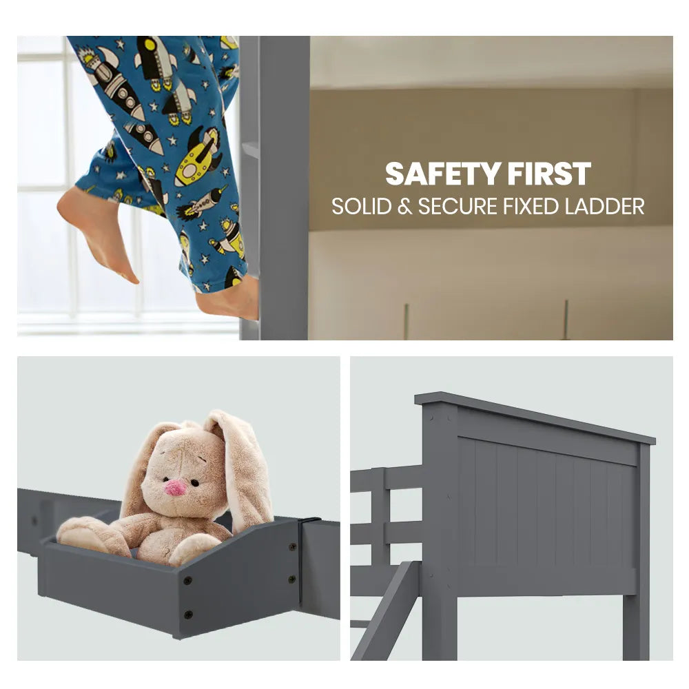 SLUMBER Triple Wooden Single Over Double Bunk Bed Frame for Kids, Convertible Design, Grey