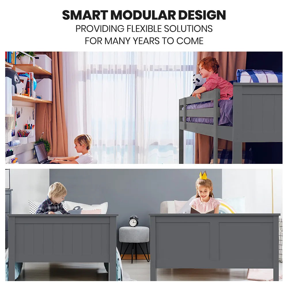 SLUMBER Triple Wooden Single Over Double Bunk Bed Frame for Kids, Convertible Design, Grey