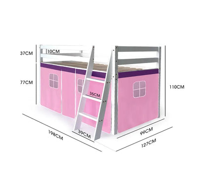 KINGSTON SLUMBER Wooden Kids Single Loft Bed Frame - Interchangeable Pink and Blue Curtains