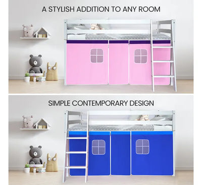 KINGSTON SLUMBER Wooden Kids Single Loft Bed Frame - Interchangeable Pink and Blue Curtains