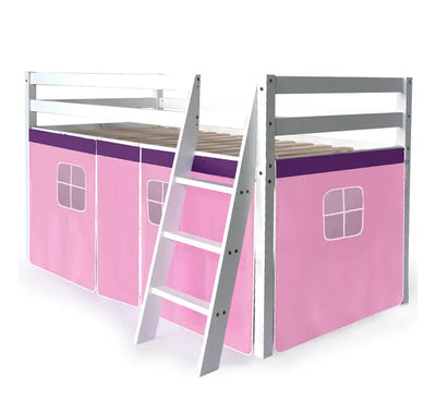 KINGSTON SLUMBER Wooden Kids Single Loft Bed Frame - Interchangeable Pink and Blue Curtains