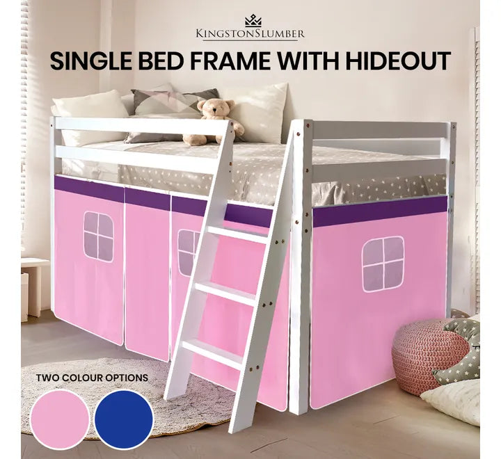 KINGSTON SLUMBER Wooden Kids Single Loft Bed Frame - Interchangeable Pink and Blue Curtains