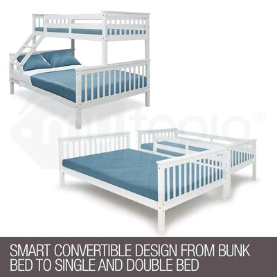 2in1 Single on Double Bunk Bed Kids White Solid Wood Timber Loft Furniture Slats