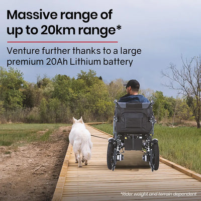 Power Electric Wheelchair, Folding, XL Wide Seat, 20km Max Range, Lithium Battery, Black