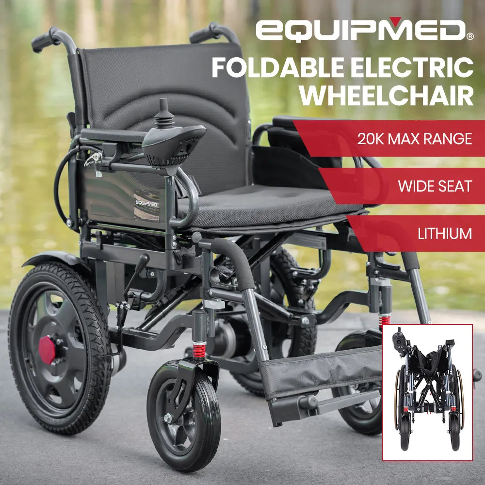 Power Electric Wheelchair, Folding, XL Wide Seat, 20km Max Range, Lithium Battery, Black