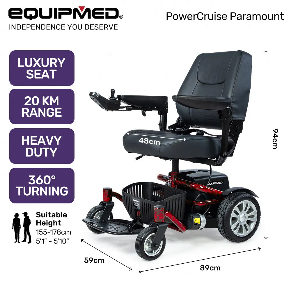 Heavy Duty Electric Wheelchair, Up to 20km Range, Ultra-Comfortable, Safe Stable Non-Slip Anti-Roll Back Power Chair, Red