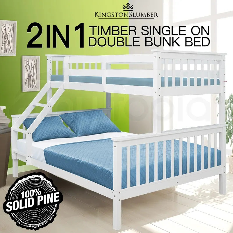 2in1 Single on Double Bunk Bed Kids White Solid Wood Timber Loft Furniture Slats