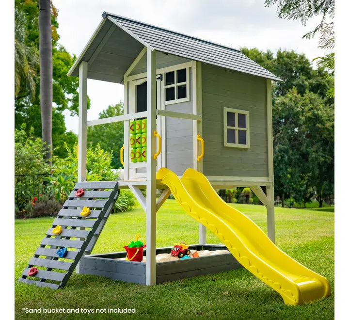 KIDS Wooden Tower Cubby House with Slide, Sandpit, Climbing Wall, Noughts & Crosses - Outdoor