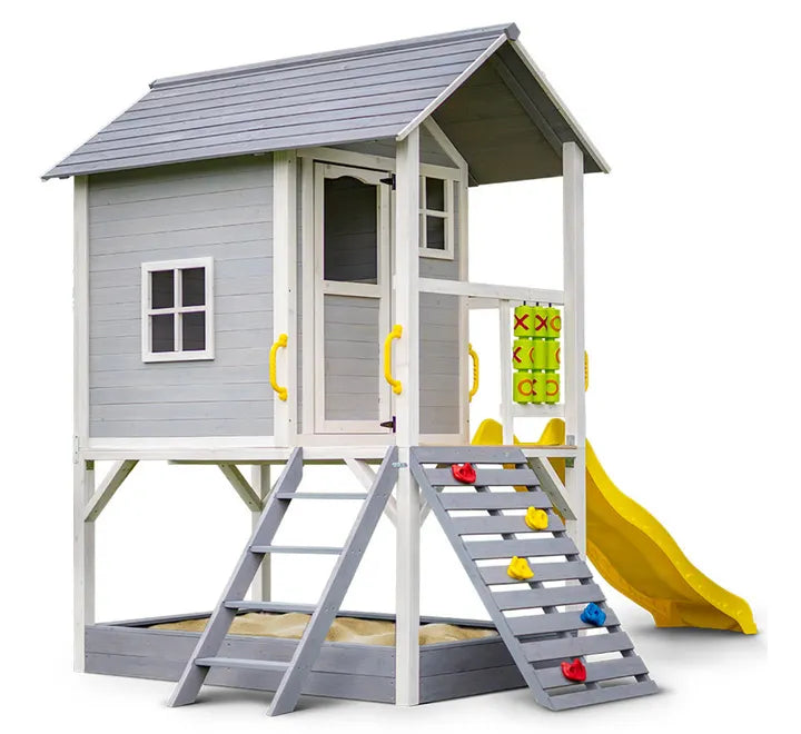 KIDS Wooden Tower Cubby House with Slide, Sandpit, Climbing Wall, Noughts & Crosses - Outdoor