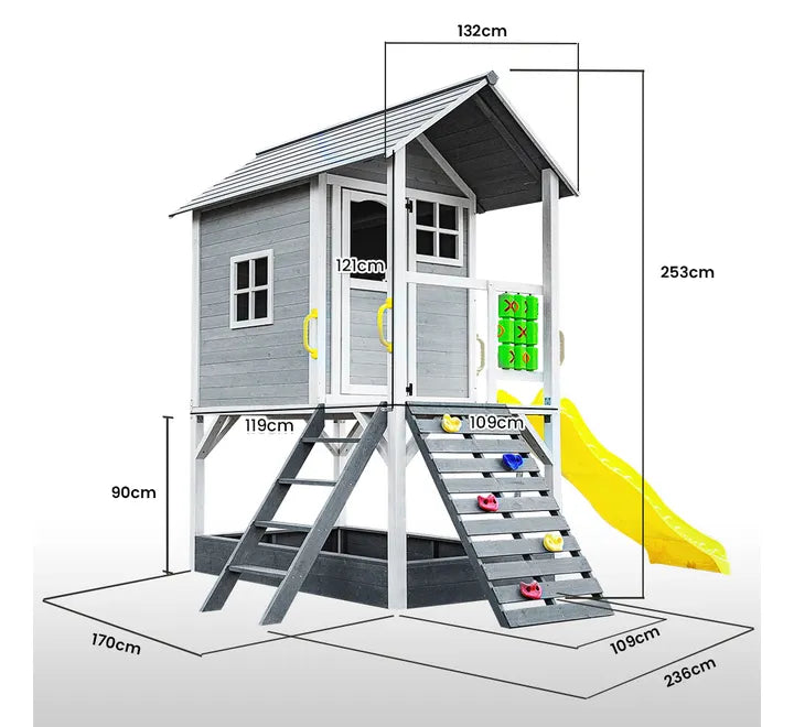 KIDS Wooden Tower Cubby House with Slide, Sandpit, Climbing Wall, Noughts & Crosses - Outdoor