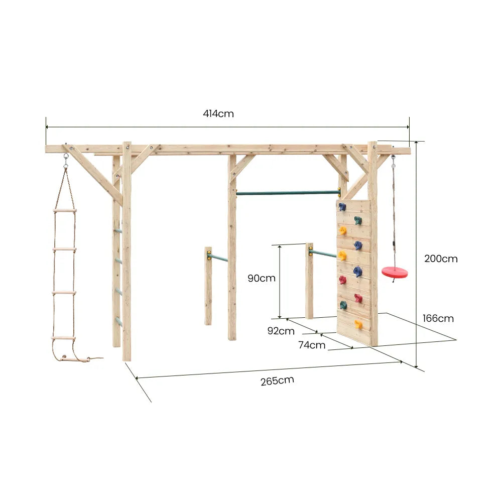 Monkey Bars Wooden Climbing Frame Set, with Climbing Wall, Disc Swing, Rope Ladder