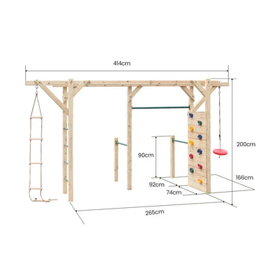 Monkey Bars Wooden Climbing Frame Set, with Climbing Wall, Disc Swing, Rope Ladder