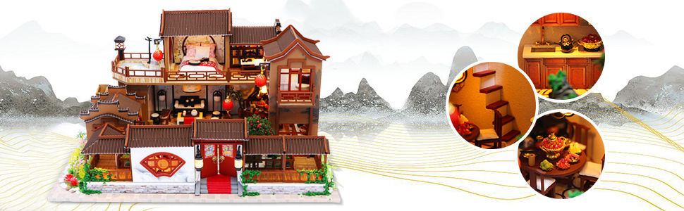 Dollhouse Miniature with Furniture Kit Plus Dust Proof and Music Movement - Tang Dinasty Town (1:24 Scale Creative Room Idea)