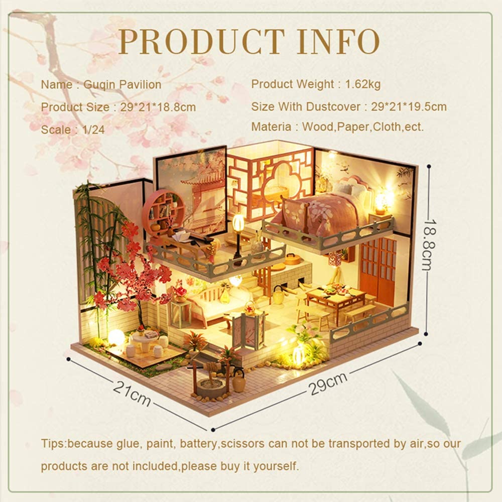 Dollhouse Miniature with Furniture Kit Plus Dust Proof and Music Movement - Guqin Pavilion (1:24 Scale Creative Room Idea)