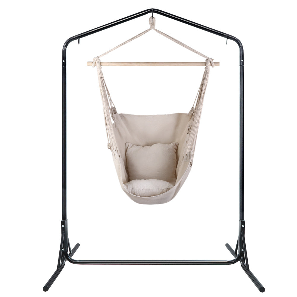 Gardeon Outdoor Hammock Chair with Stand Hanging Hammock with Pillow Cream