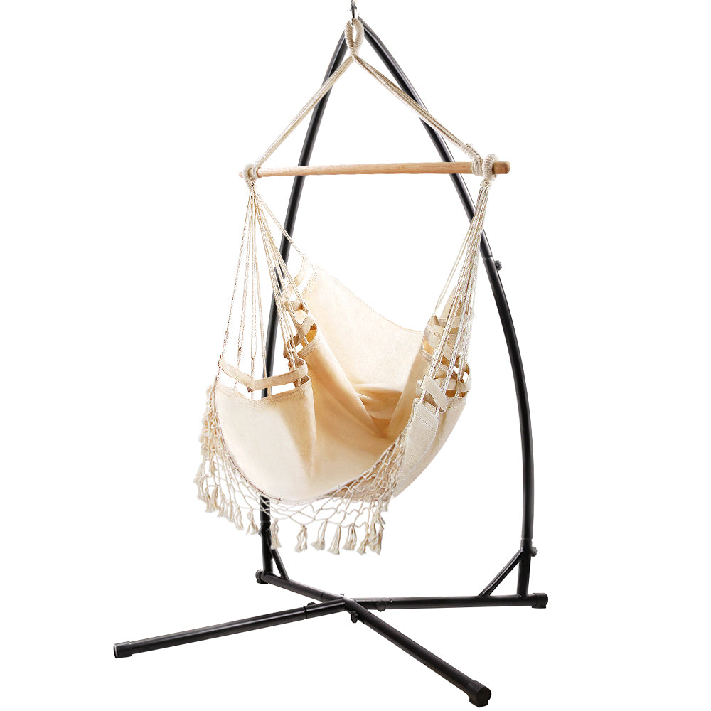 Gardeon Outdoor Hammock Chair with Steel Stand Tassel Hanging Rope Hammock Cream