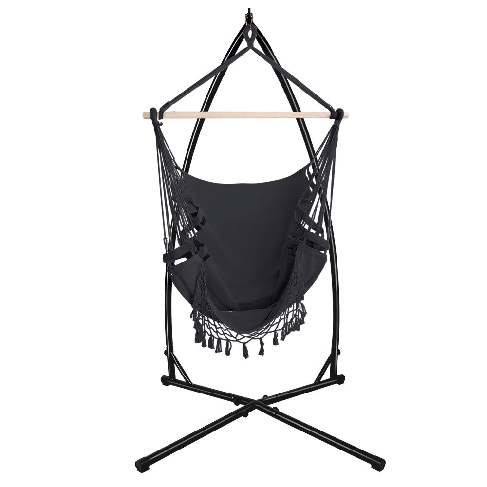 Gardeon Outdoor Hammock Chair with Steel Stand Tassel Hanging Rope Hammock Grey