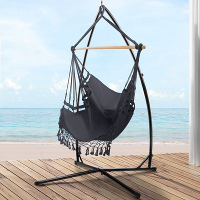 Gardeon Outdoor Hammock Chair with Steel Stand Tassel Hanging Rope Hammock Grey