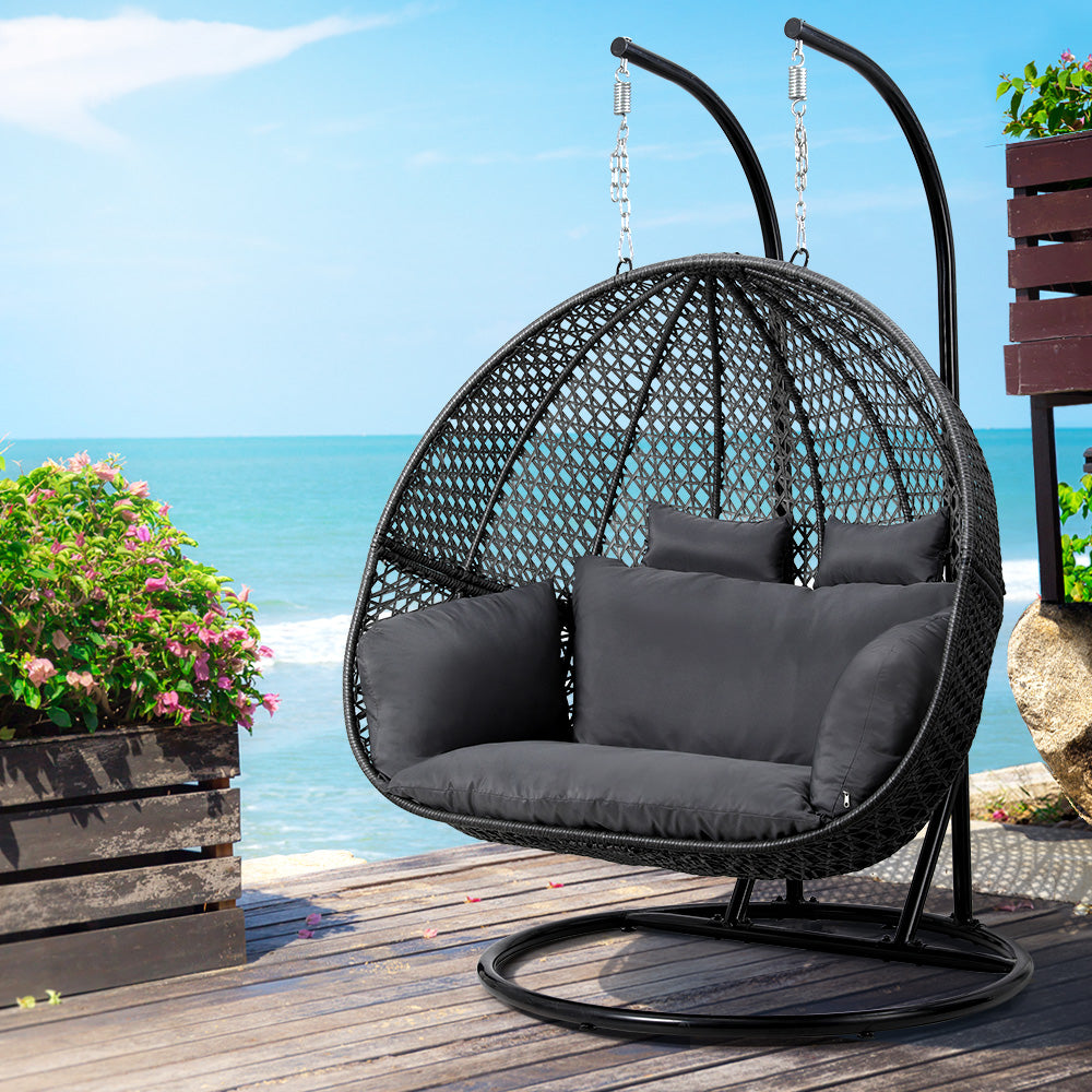 Gardeon Outdoor Egg Swing Chair Hanging Pod Chair Wicker Cushion 2 Person Grey