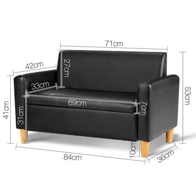 Keezi Kids Sofa Storage Armchair 2 Seater Black PU Leather Children Chair Couch