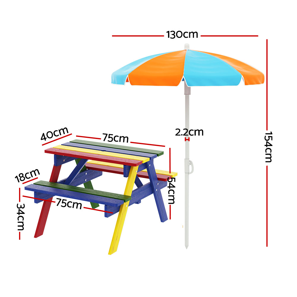 Keezi Kids Outdoor Table and Chairs Picnic Bench Seat Umbrella Colourful Wooden