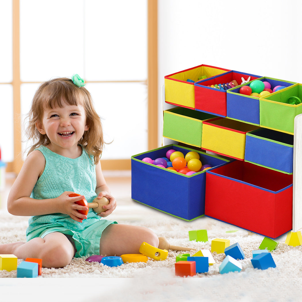 Levede Kids Toy Box 9 Bins Storage Rack Organiser Wooden Bookcase 3 Tier White