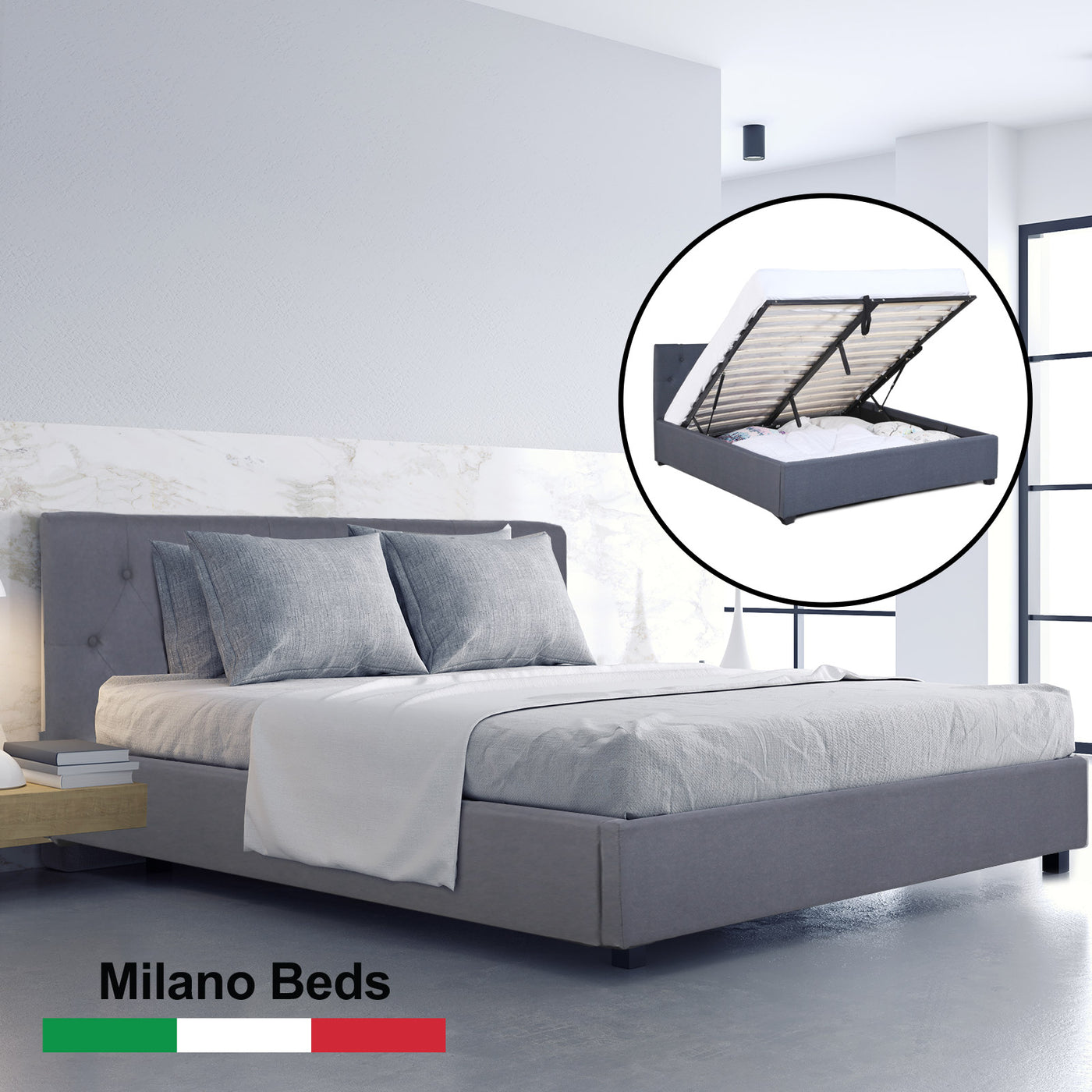 Milano Capri Luxury Gas Lift Bed Frame Base And Headboard With Storage - King Single - Grey