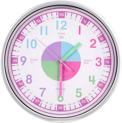 Telling Time Analogue Silent Wall Clock (Pink). Perfect Educational Tool for Homeschool, Classroom, Teachers and Parents