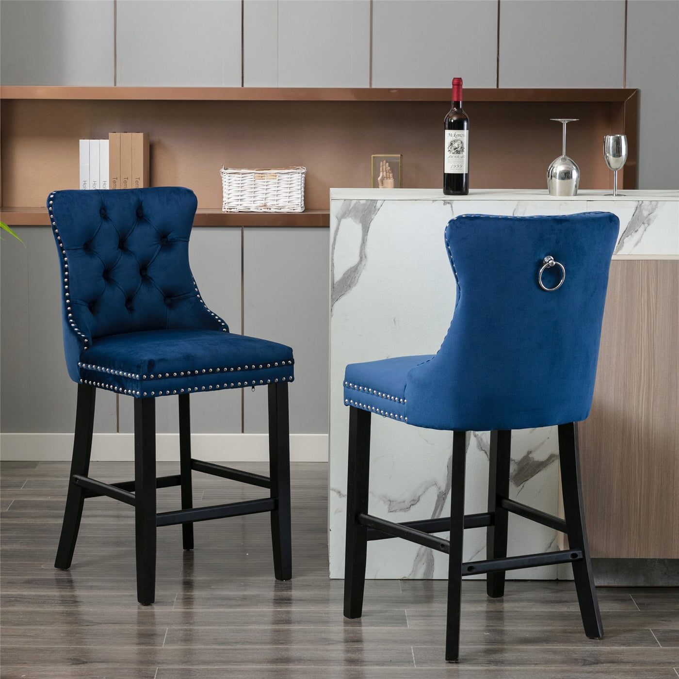 2 x Velvet Bar Stools with Studs Trim Wooden Legs Tufted Dining Chairs Kitchen