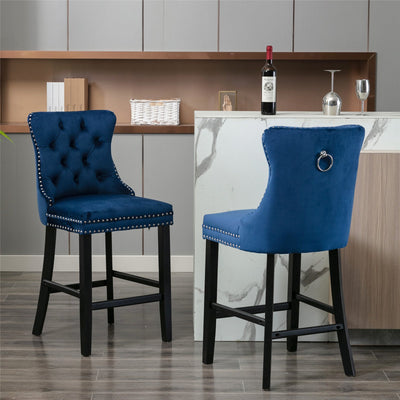 2 x Velvet Bar Stools with Studs Trim Wooden Legs Tufted Dining Chairs Kitchen