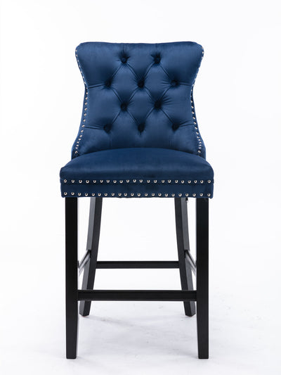 2 x Velvet Bar Stools with Studs Trim Wooden Legs Tufted Dining Chairs Kitchen