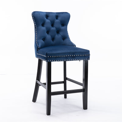 2 x Velvet Bar Stools with Studs Trim Wooden Legs Tufted Dining Chairs Kitchen