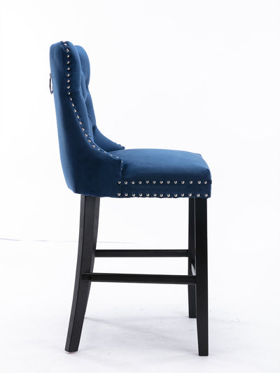 2 x Velvet Bar Stools with Studs Trim Wooden Legs Tufted Dining Chairs Kitchen