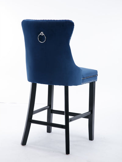 2 x Velvet Bar Stools with Studs Trim Wooden Legs Tufted Dining Chairs Kitchen