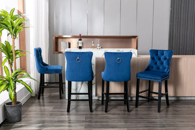 2 x Velvet Bar Stools with Studs Trim Wooden Legs Tufted Dining Chairs Kitchen
