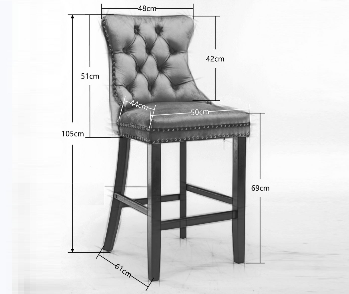 2 x Velvet Bar Stools with Studs Trim Wooden Legs Tufted Dining Chairs Kitchen