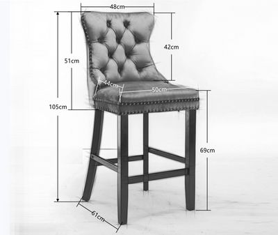 2 x Velvet Bar Stools with Studs Trim Wooden Legs Tufted Dining Chairs Kitchen
