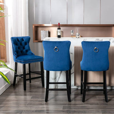 2 x Velvet Bar Stools with Studs Trim Wooden Legs Tufted Dining Chairs Kitchen