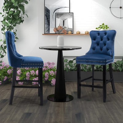 2 x Velvet Bar Stools with Studs Trim Wooden Legs Tufted Dining Chairs Kitchen