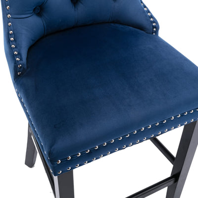 2 x Velvet Bar Stools with Studs Trim Wooden Legs Tufted Dining Chairs Kitchen