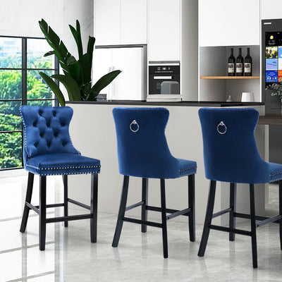 2 x Velvet Bar Stools with Studs Trim Wooden Legs Tufted Dining Chairs Kitchen