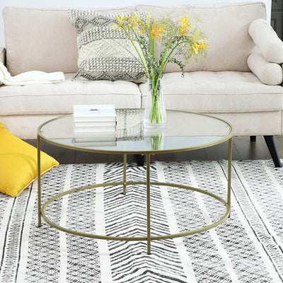 VASAGLE Round Coffee Table Glass Table with Steel Frame Gold LGT21G