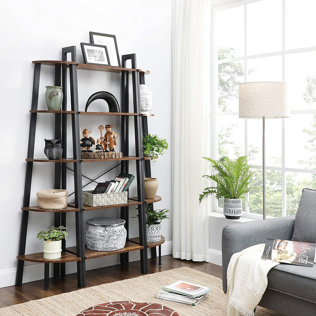 VASAGLE Corner Shelf 5 Tier Industrial Ladder Bookcase Storage Rack with Metal Frame Rustic Brown LLS35X