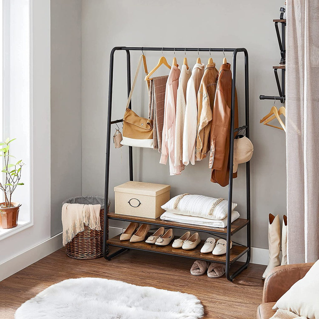 VASAGLE Clothes Rack with 2 Shelves Rustic Brown and Black RGR112B01 Dzign Solutions Sensory Store