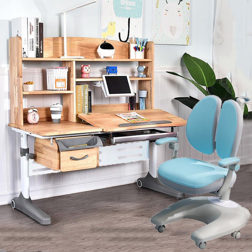 Solid Rubber Wood Height Adjustable Children Kids Ergonomic Study Desk Blue Chair Set 120cm